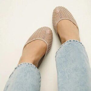 Reformation Crystal Embellishments Melly Flat Mules in Fawn Rhinestone, Size 6.5